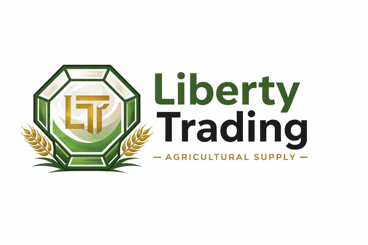Liberty Trading logo with agricultural supply theme, featuring a green diamond and wheat symbol